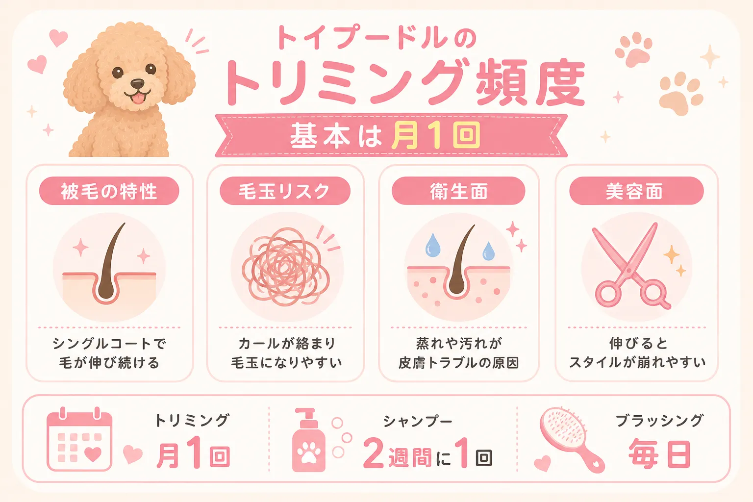 トイプードルのトリミング頻度の基本は月1回。被毛の特性・毛玉リスク・衛生面・美容面の4つの理由を解説したインフォグラフィック