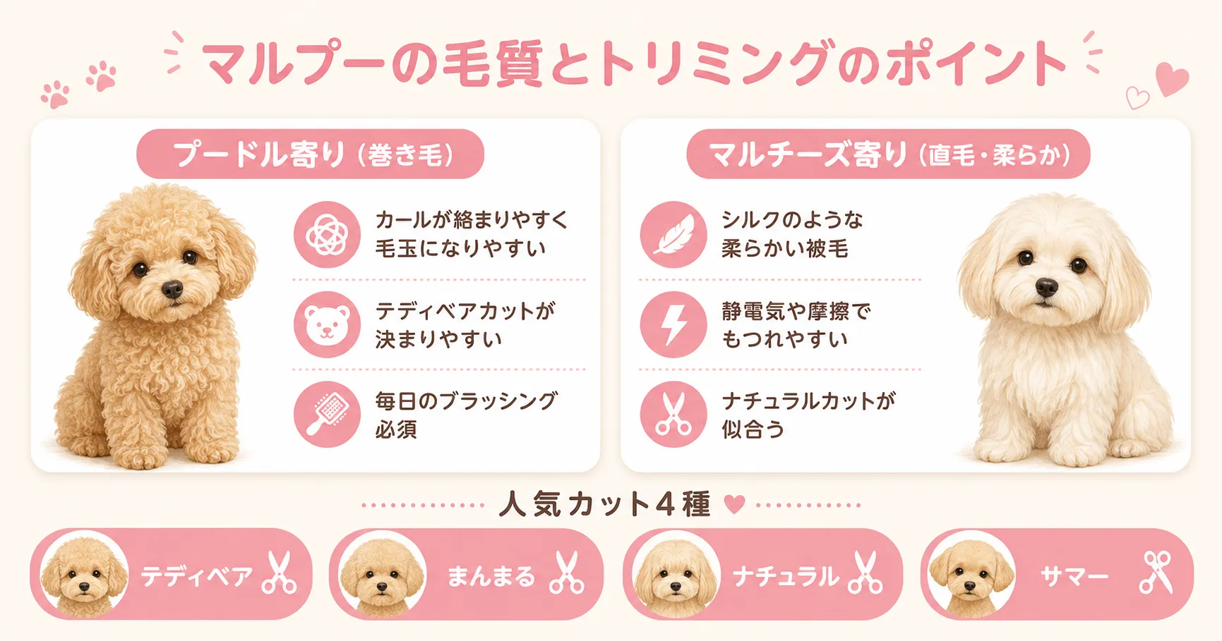 マルプーの毛質とトリミングのポイント。プードル寄りとマルチーズ寄りの違いと人気カット4種のインフォグラフィック