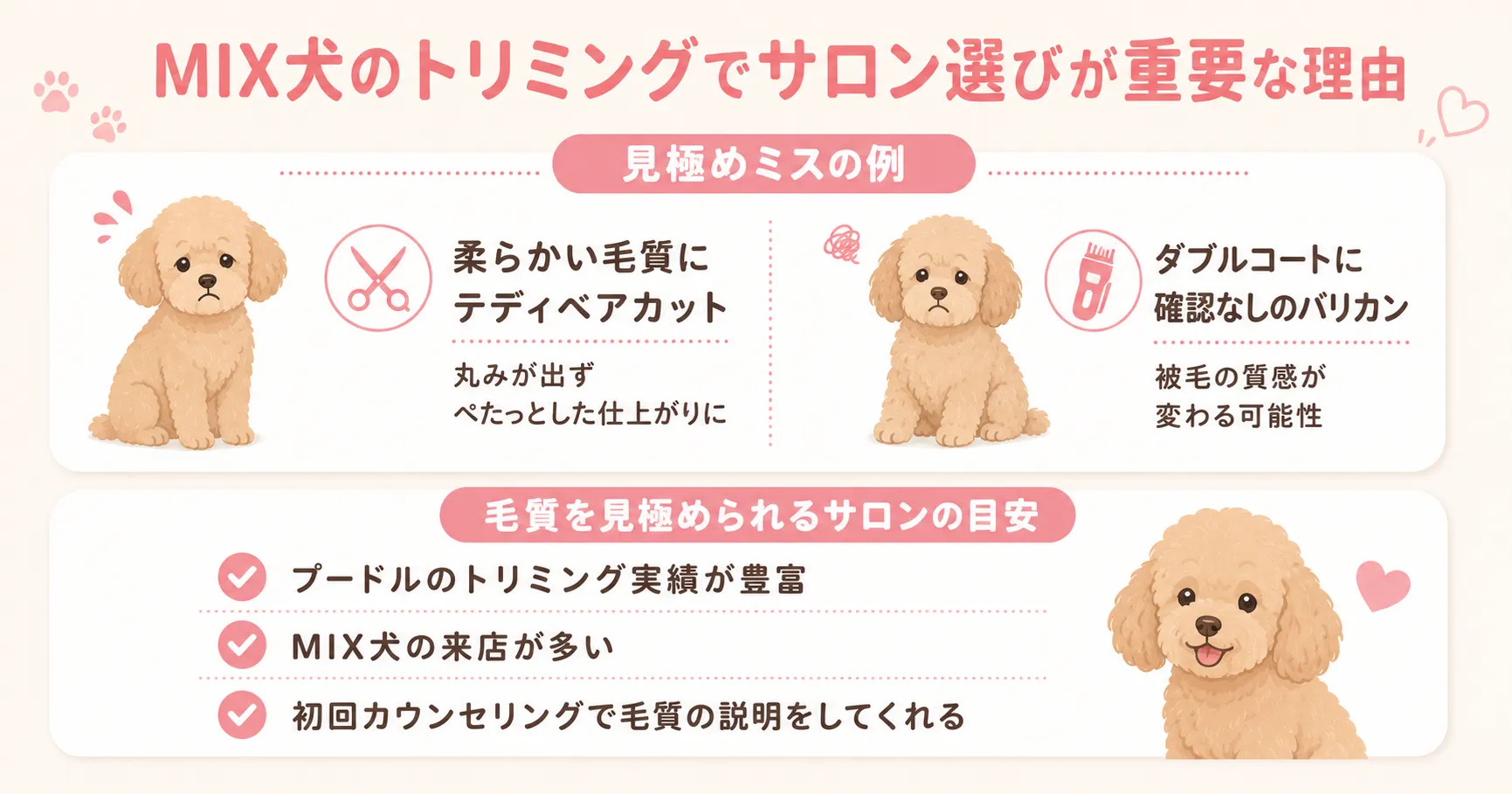 MIX犬のトリミングでサロン選びが重要な理由。見極めミスの例とサロン選びの目安のインフォグラフィック