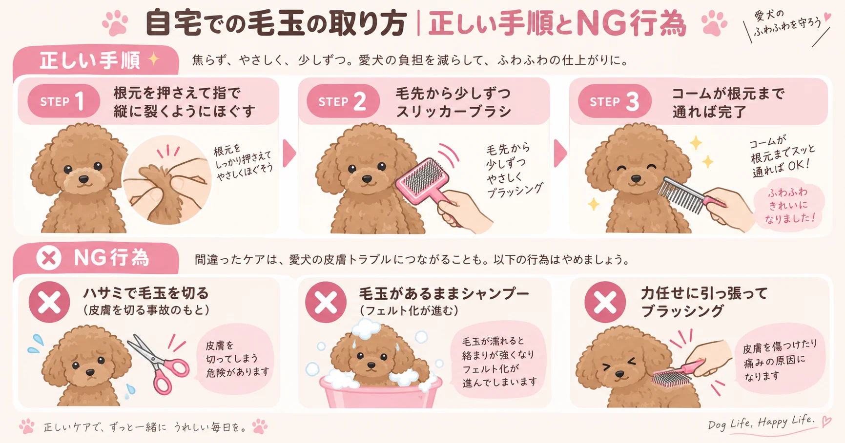 自宅での犬の毛玉の取り方の手順図解。根元を押さえて指でほぐし毛先からブラシをかける3ステップとNG行為3つ